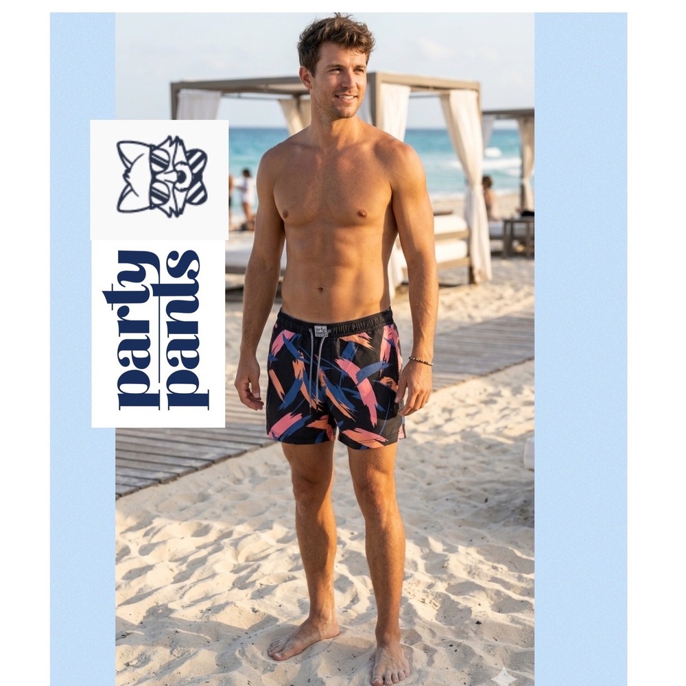 Party Pants Mens Medium Swim Trunks Abstract Brushstroke Pink Blue Black Beach